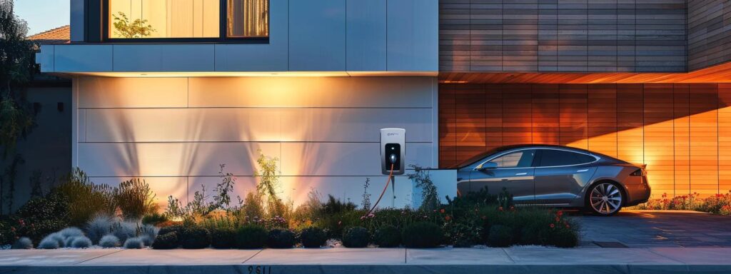 a modern electric vehicle charger is prominently displayed on the side of a sleek, eco-friendly home, bathed in warm afternoon sunlight that highlights the smooth lines of both the charger and the contemporary architecture.