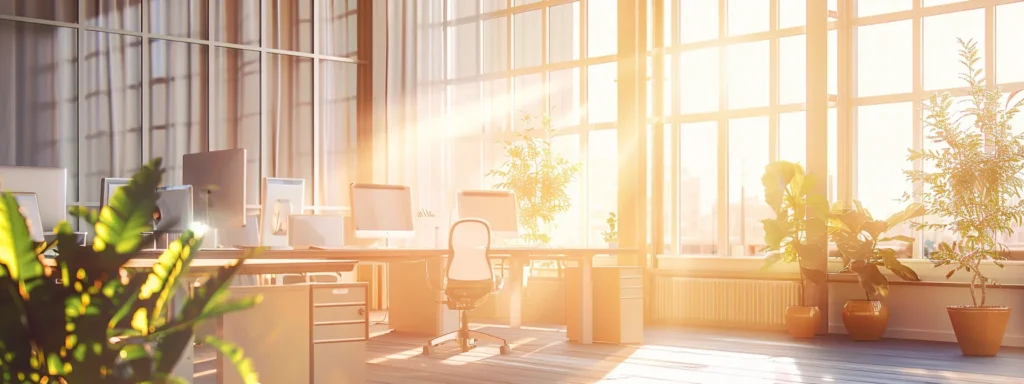 a bright, modern office is illuminated by warm, natural light streaming through large windows, creating an inviting atmosphere that fosters productivity and creativity among focused employees at their desks.