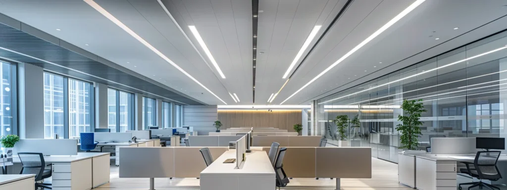 a brightly lit office space featuring sleek, energy-efficient led lights illuminating modern workstations, showcasing a vibrant atmosphere of productivity and sustainability.