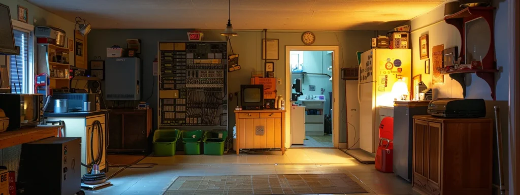 a brightly lit, vintage new england home showcases an open electrical panel, surrounded by modern appliances and gadgets, highlighting the contrast between outdated wiring and contemporary energy needs.