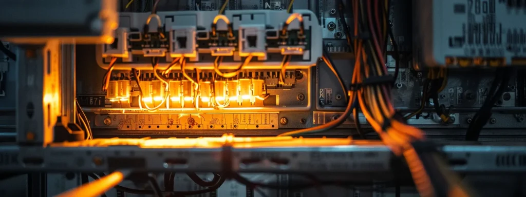 a close-up view of a modern electrical panel, prominently displaying worn wires and outdated circuit breakers, illuminated by warm, directional light that highlights the necessity for an upgrade.