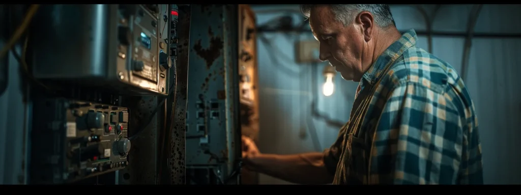 a concerned homeowner inspects an old and rusted electrical panel under dim lighting, with flickering lights in the background highlighting the urgent need for an upgrade to ensure safety and functionality.