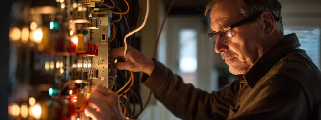 a professional electrician confidently inspects a modern residential circuit panel, illuminated by warm lighting that highlights the intricate wiring and tools, symbolizing safety and expertise in home electrical systems.