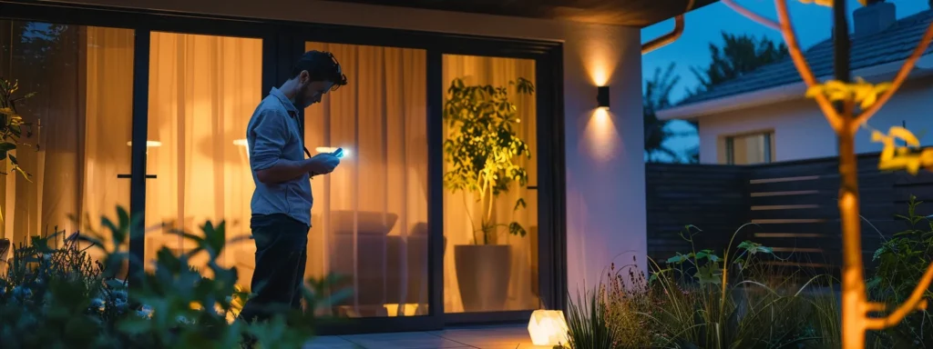 a professional electrician skillfully assesses a modern home’s electrical system, illuminated by soft ambient lighting that highlights the sleek and efficient design of energy-saving fixtures.
