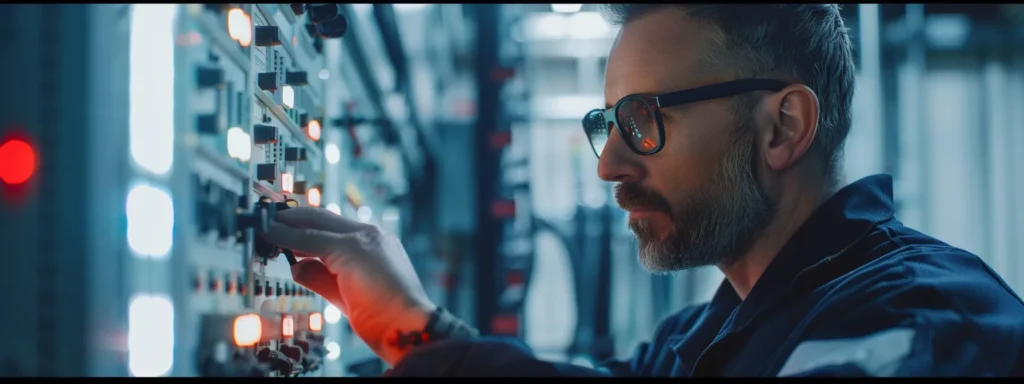 a skilled electrician meticulously inspects a modern electrical panel in a bright, well-organized workspace, emphasizing professionalism and expertise.