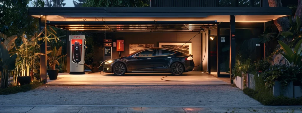 a skilled electrician meticulously installs a modern vehicle charging station in a well-lit, contemporary garage, showcasing the blend of professionalism and advanced technology in electrical services.