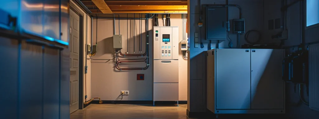 a sleek, modern electrical panel glows with fresh wiring in a well-lit basement, symbolizing enhanced safety and future-ready power capacity for a contemporary home.