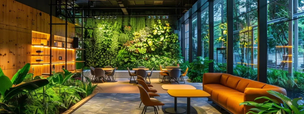 a vibrant, eco-friendly workspace illuminated by energy-efficient lighting, showcasing a lush indoor garden that symbolizes sustainability and environmental conservation.
