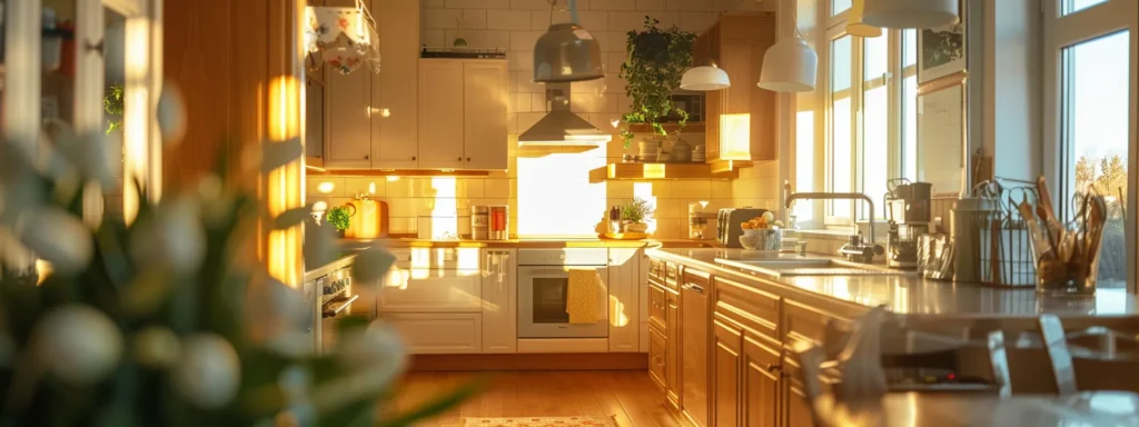a well-lit, inviting kitchen showcases a professional electrician efficiently installing a sleek light fixture, highlighting the importance of expert services for cost-effective home improvements.