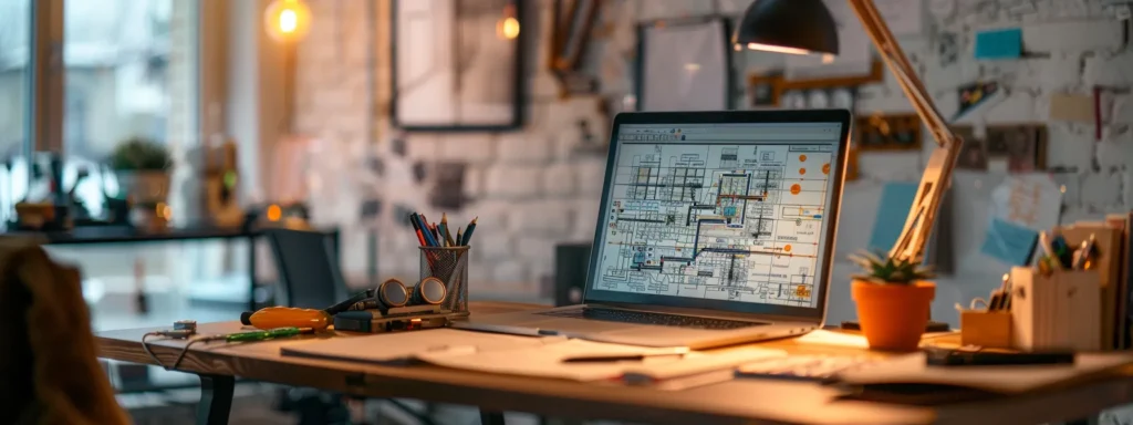 a detailed and visually engaging close-up of a well-organized home office workspace, showcasing a large circuit map layout on a sleek desk, with essential electrical tools and a laptop displaying schematic diagrams in a modern, brightly-lit indoor setting.
