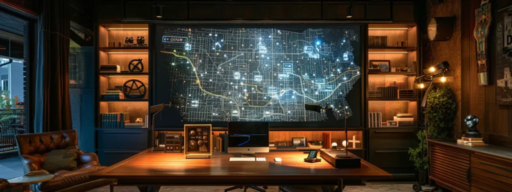 a detailed, sleek home office illuminated by warm lighting, featuring a large digital screen displaying an intricate circuit map, emphasizing the critical connection between circuit awareness and home safety.