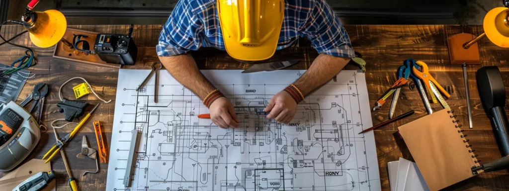 a master electrician is meticulously inspecting a detailed circuit map spread across a sleek office desk, surrounded by essential tools and safety equipment, highlighting the precision and importance of whole house circuit mapping for home electrical safety.