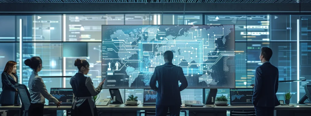 a professional office environment showcases a digital circuit map displayed prominently on a sleek monitor, surrounded by engaged team members discussing safety protocols and maintenance strategies, illuminated by focused task lighting.