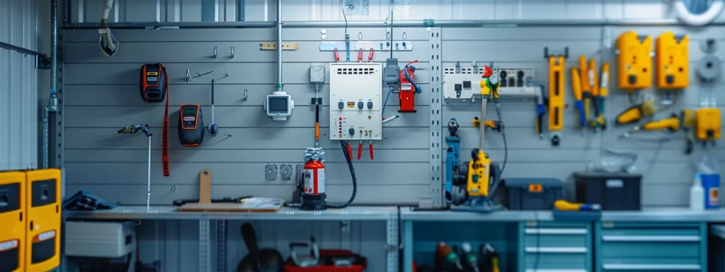 a clean, modern electrical installation workspace features a freshly mounted electrical panel prominently displayed on a wall, surrounded by an array of tools and safety materials, showcasing the professional precision and attention to safety standards essential for home electrical systems.
