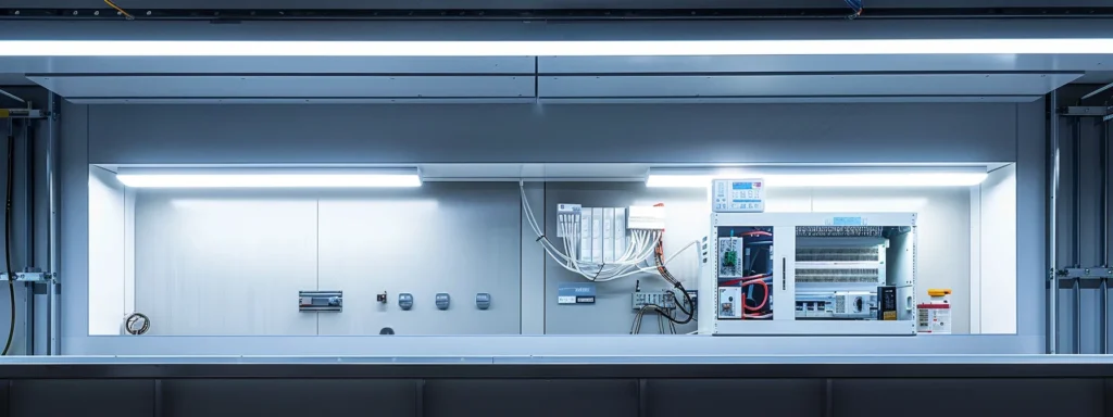 a modern, well-organized electrical contractor's workspace featuring a professional electrician attentively installing a sleek electrical panel, illuminated by bright overhead lights that emphasize the precision and safety standards required in home electrical installations.