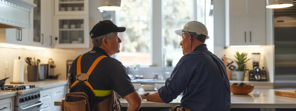 a professional electrician conducts a thorough consultation with a homeowner in a modern kitchen, surrounded by tools and equipment, as they discuss the upcoming electrical panel installation to enhance energy efficiency.