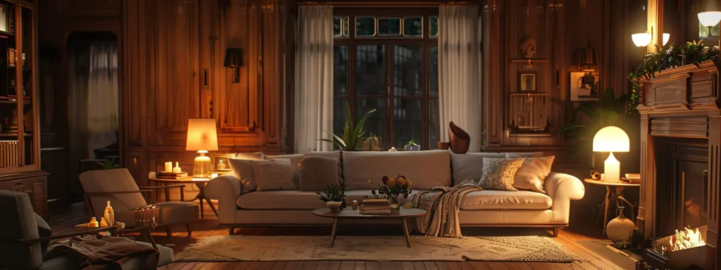 a stylish living room bathed in warm, inviting light from various elegant fixtures, showcasing a harmonious blend of modern design and soft illumination that enhances the cozy atmosphere.