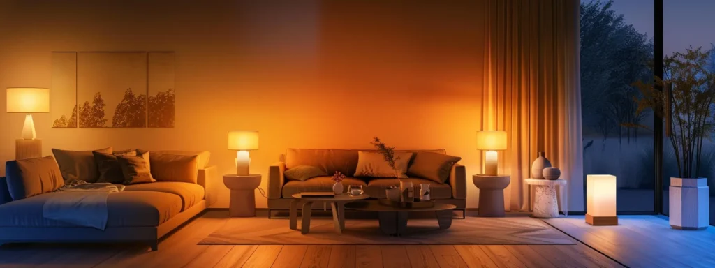 a stylishly designed living room illuminated by an array of strategically placed modern light fixtures, showcasing a harmonious blend of warm and cool tones to reflect ideal lighting choices for various settings.